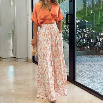 Summer Vacation Women Solid Crop Blouse Wide Leg Pants Two-Piece Set