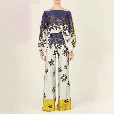 Women Elegant Loose Bat Sleeve Top and Wide Leg Pants Set