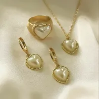 Women Fashion Heart Pearl Necklace Earrings Ring Set