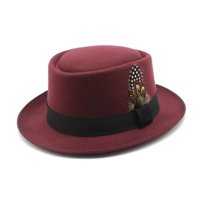 Women Retro British Style Flat Wool Felt Feather Jazz Hat Fedora
