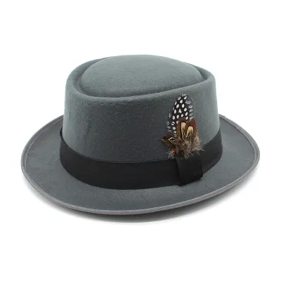 Women Retro British Style Flat Wool Felt Feather Jazz Hat Fedora