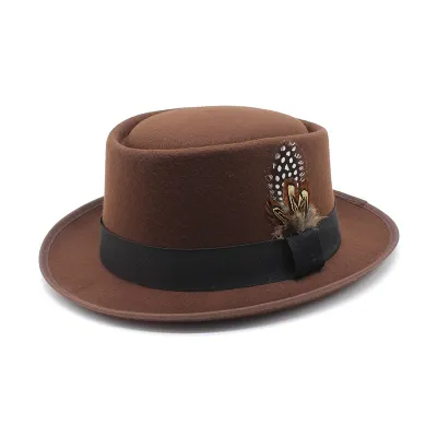Women Retro British Style Flat Wool Felt Feather Jazz Hat Fedora