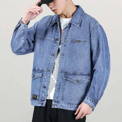 Men Fashion Casual Basic Versatile Plus Size Long Sleeve Lapel Denim Cargo Coat
