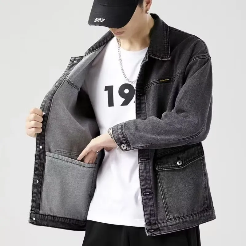 Men Fashion Casual Basic Versatile Plus Size Long Sleeve Lapel Denim Cargo Coat