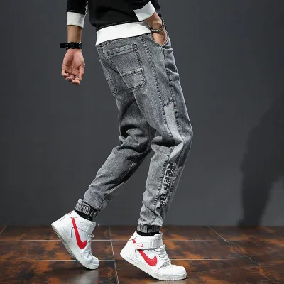 Men Spring Autumn Fashion Casual Straight Tube Jogger Plus Size Denim Jeans with Low Waist Polyester