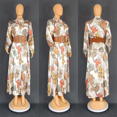 Women Casual Floral Printed Belt Plus Size Dress