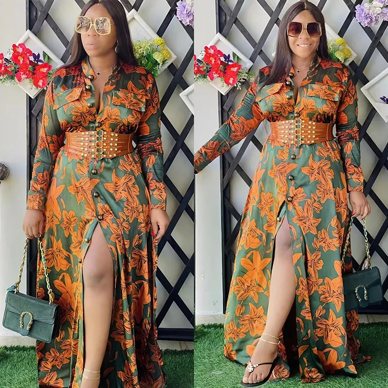 Women Casual Floral Printed Belt Plus Size Dress
