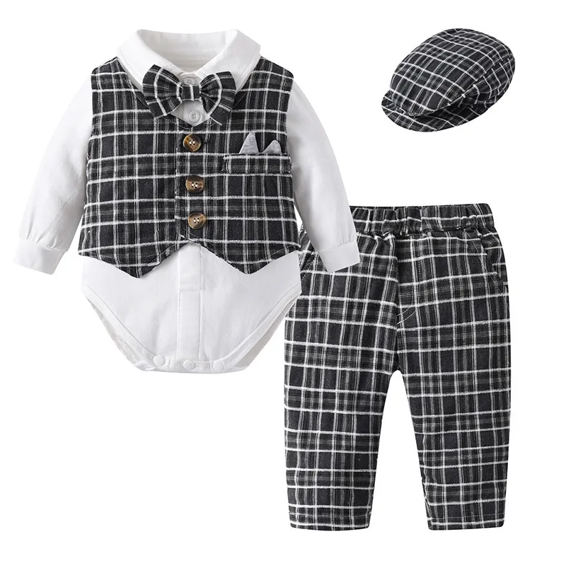 Kids Baby Boys Party Clothing British Style Plaid Waistcoat Long Sleeve Lapel Romper Trousers Set Cotton Outfit