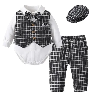 Kids Baby Boys Party Clothing British Style Plaid Waistcoat Long Sleeve Lapel Romper Trousers Set Cotton Outfit
