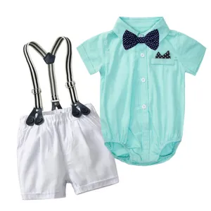 Kids Baby Boys Party Clothing British Style Plaid Short Sleeve Lapel Romper Shorts Set Cotton