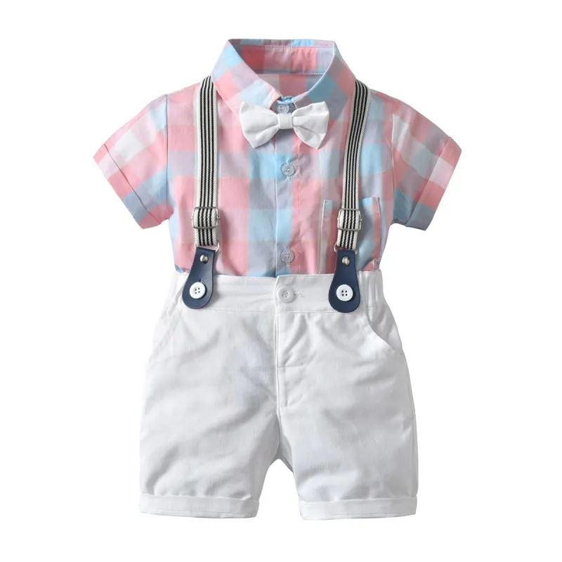 Kids Baby Boys British Style Plaid Short Sleeve Lapel Romper Shorts Set Party Clothing