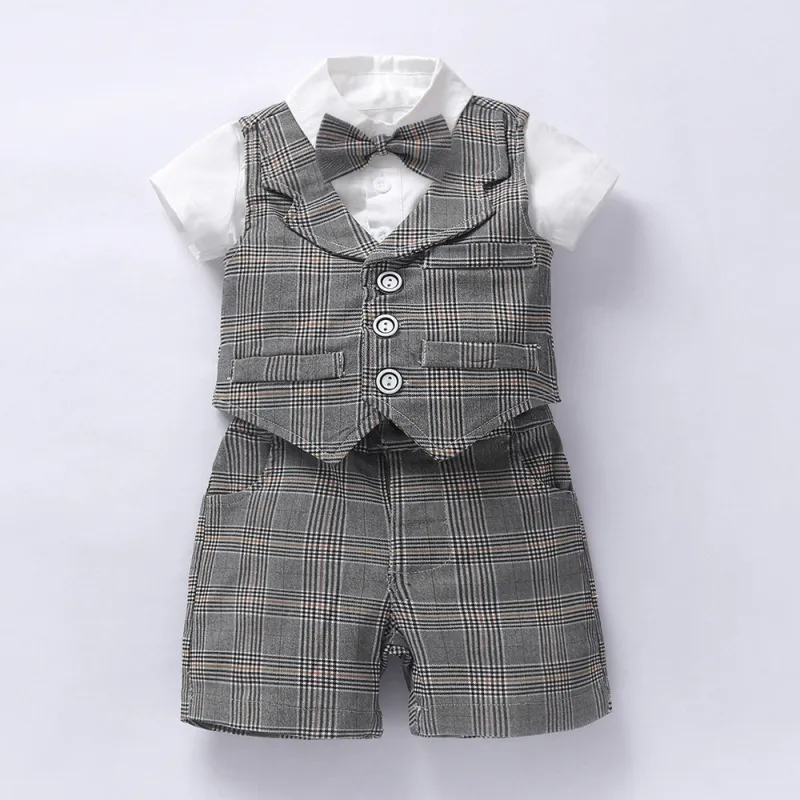 Kids Baby Boys British Style Waistcoat Short Sleeved Lapel Romper Shorts Set Party Clothing Cotton
