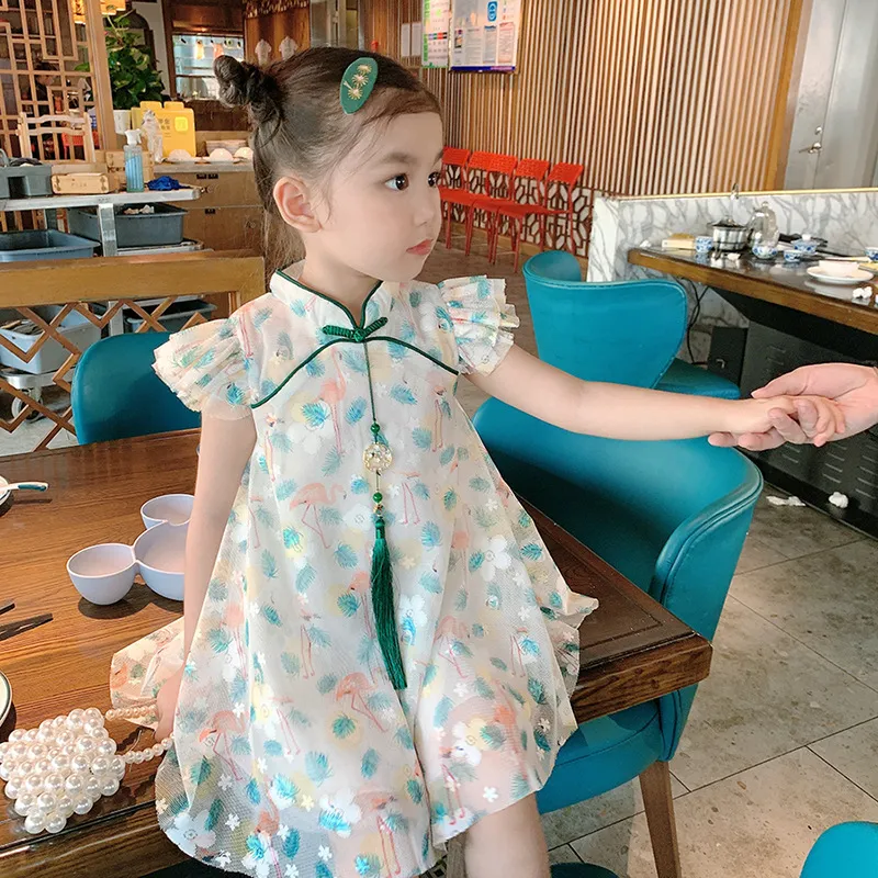 Chinese Style Toddler Girls Casual Cheongsam Sleeveless Dress with Tiny Flower Print