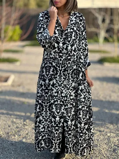 Women Loose Casual Geometric Print Long Sleeve Shirt Dress Plus Size