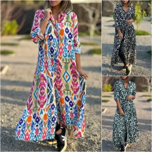 Women Loose Casual Geometric Print Long Sleeve Shirt Dress Plus Size