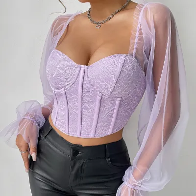 Mesh Bubble Sleeve Floral Lace Backless Slim Fit Steel Ring Fishbone Party Valentine Women Crop Blouse