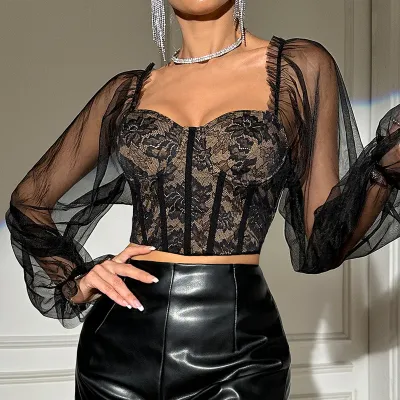 Mesh Bubble Sleeve Floral Lace Backless Slim Fit Steel Ring Fishbone Party Valentine Women Crop Blouse