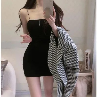 Solid Color Spaghetti Strap Women Mini Dress Sweet Spicy Style
