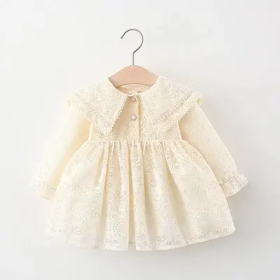 Kids Toddler Girls Casual Cute Solid Color Hollow Tiny Flower Long Sleeve Lapel Lace Princess Dress