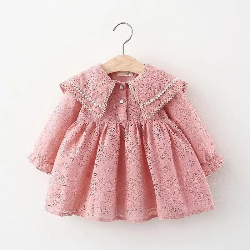 Kids Toddler Girls Casual Cute Solid Color Hollow Tiny Flower Long Sleeve Lapel Lace Princess Dress