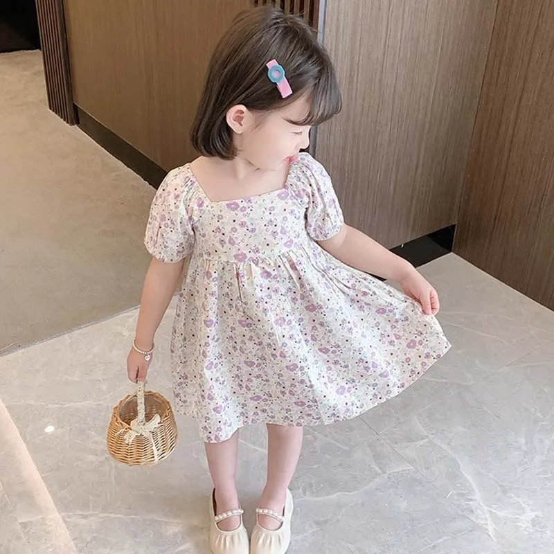 Kids Toddler Big Girls Pastoral Tiny Floral Print Cotton Casual Short Sleeve U Neck Dress