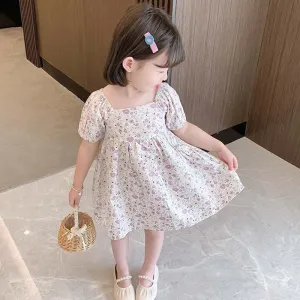 Kids Toddler Big Girls Pastoral Tiny Floral Print Cotton Casual Short Sleeve U Neck Dress