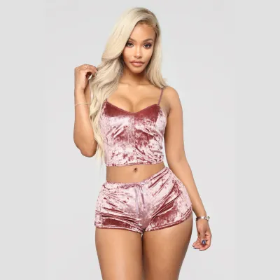 Women Fashion Sexy V-Neck Diamond Velvet Sling Top Shorts Pajamas Set