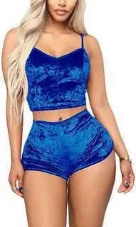Women Fashion Sexy V-Neck Diamond Velvet Sling Top Shorts Pajamas Set