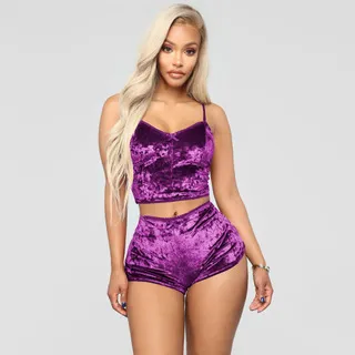 Women Fashion Sexy V-Neck Diamond Velvet Sling Top Shorts Pajamas Set