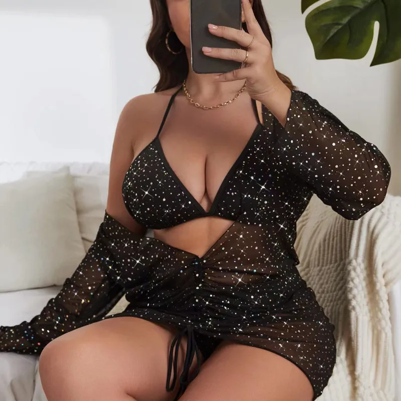 Women Fashion Sexy Plus Size Mesh Long Sleeve Print Bikini Swimsuit Set