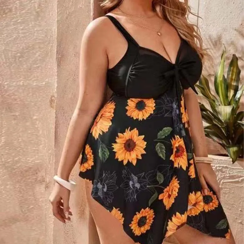 Women Fashion Sexy Plus Size Floral Printed Tankini Swimsuit Set