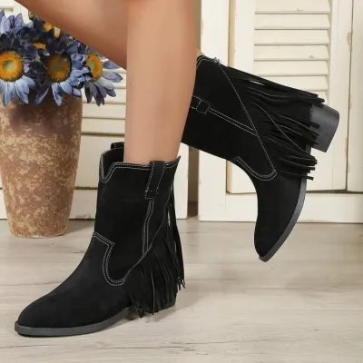 Women Fashion Retro Plus Size Tassel Pointed Toe Suede Mid-Calf Boots