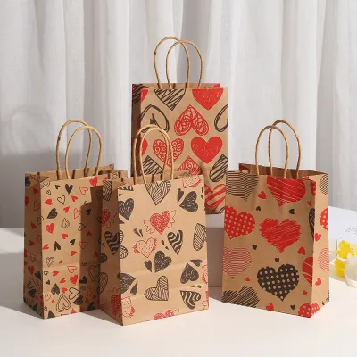 Valentine Day Simple Creative Heart-Shaped Printed Kraft Paper Gift Packaging Bag