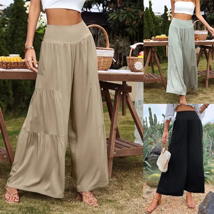 Wholesale Summer Women Casual High Waist Cotton Linen Wide Leg Pants