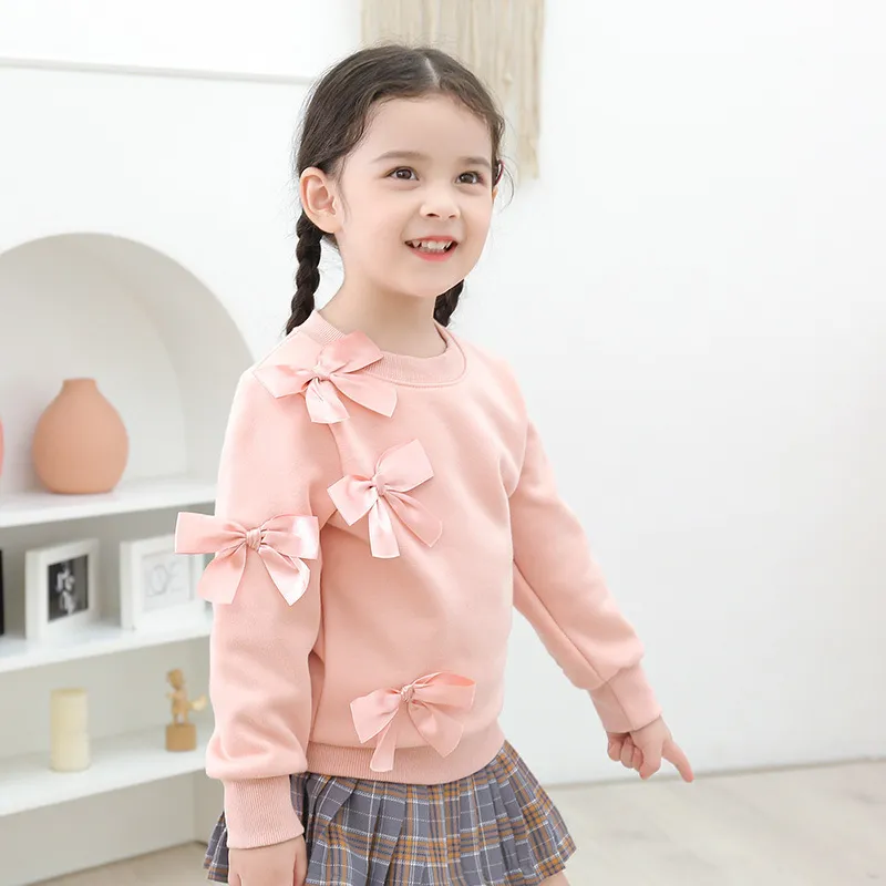 Kids Toddler Big Girls Casual Cute Solid Color Bow Fleece Long Sleeve Round Neck Sweatshirts