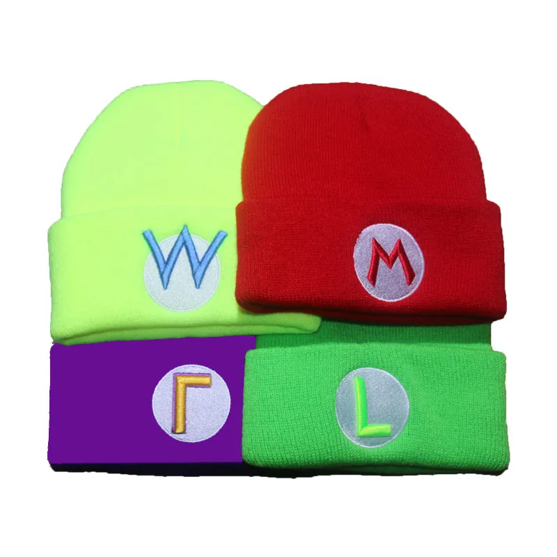 Mario Cartoon Letter Embroidered Knitted Beanie for Men Women Winter