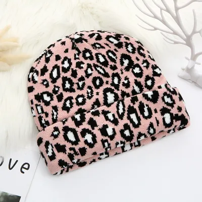 Leopard Knitted Hat Winter Warm Curled Dome Pullover Unisex Beanie