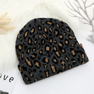 Leopard Knitted Hat Winter Warm Curled Dome Pullover Unisex Beanie