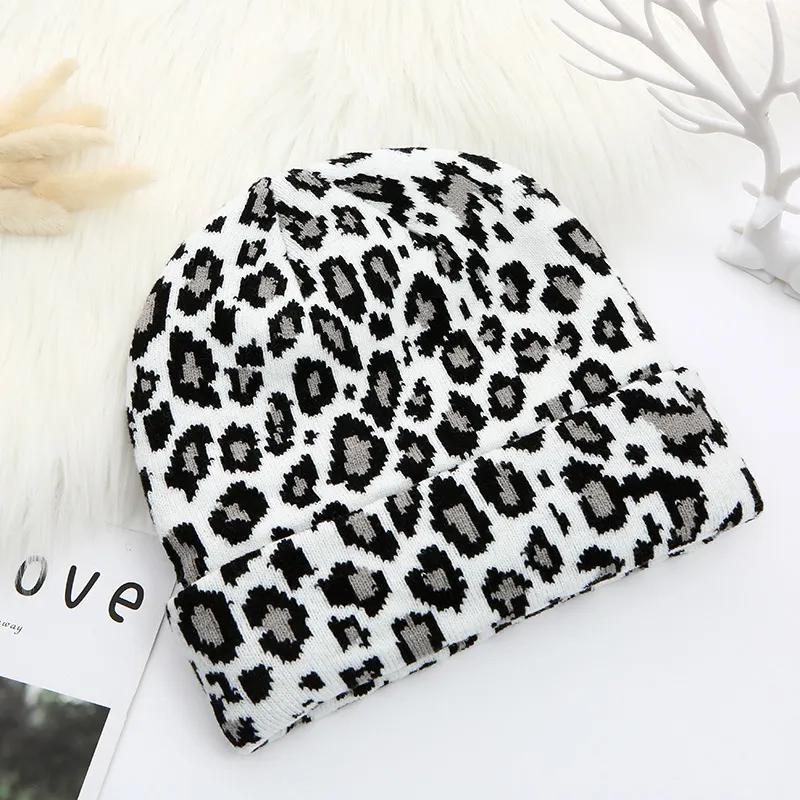 Leopard Knitted Hat Winter Warm Curled Dome Pullover Unisex Beanie