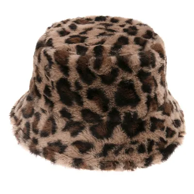Fashion Vintage Women Winter Warm Plush Leopard Bucket Hat
