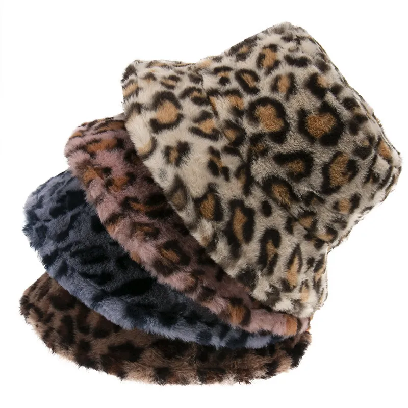 Fashion Vintage Women Winter Warm Plush Leopard Bucket Hat