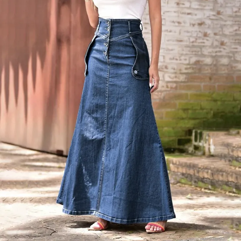 Women Casual Denim A-Line Long Skirt