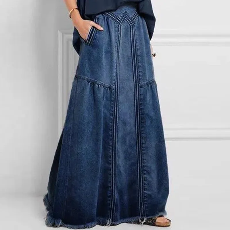 Women Plus Size A-Line Denim Skirt Long Casual Japanese Korean Style