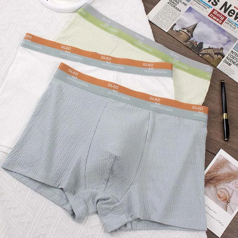 Men Fashion Casual Basic Solid Color Plaid Cotton Mid Waist Boxer Pants