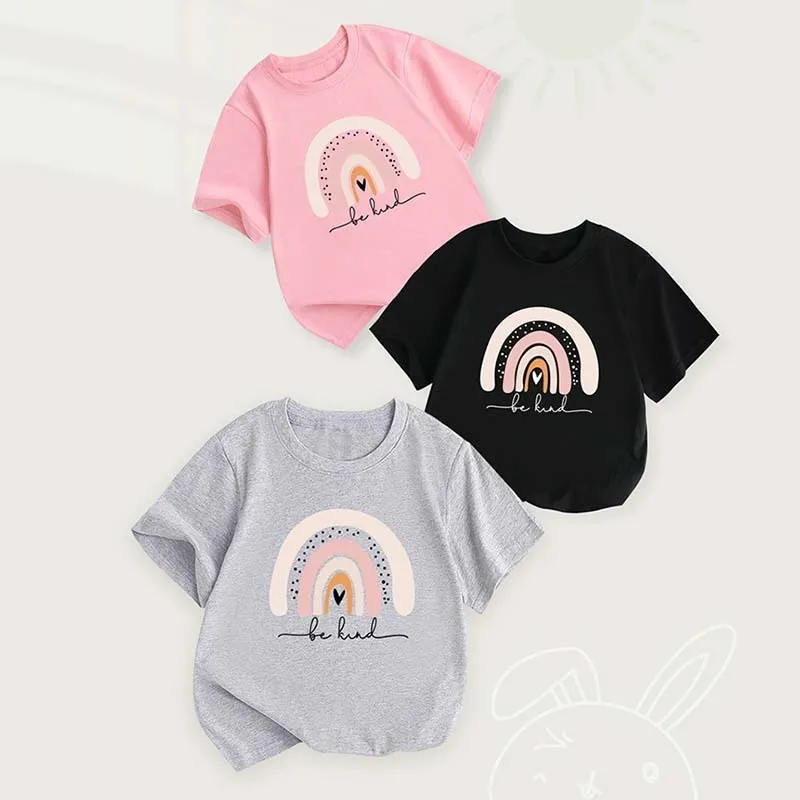 Wholesale Kids Toddler Big Boys Girls Summer Casual Cute Versatile Rainbow  Stripe Print Short Sleeve Round Neck T-Shirt