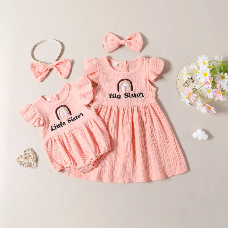 Kids Baby Toddler Girls Summer Casual Cute Rainbow Letter Stripe Print Sleeveless Round Neck Romper Dress Sister Set