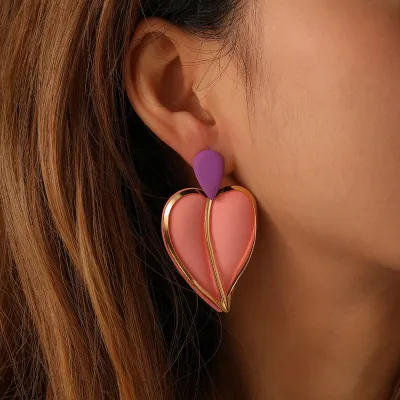 Valentine Day Women Fashion Multicolor Spray Paint Heart Earrings