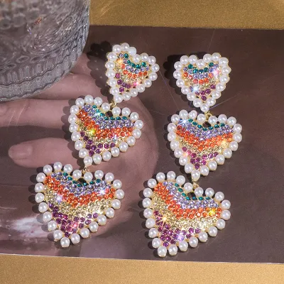 Valentine Day Women Fashion Exaggerated Multicolor Heart-Shaped Rhinestone Pearl Earrings