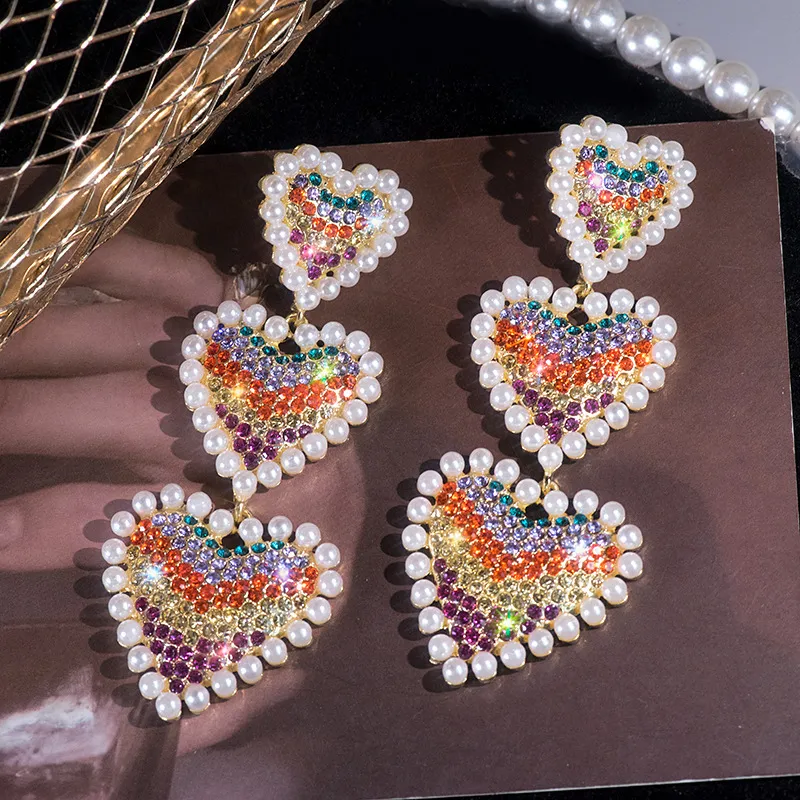 Valentine Day Women Fashion Exaggerated Multicolor Heart-Shaped Rhinestone Pearl Earrings