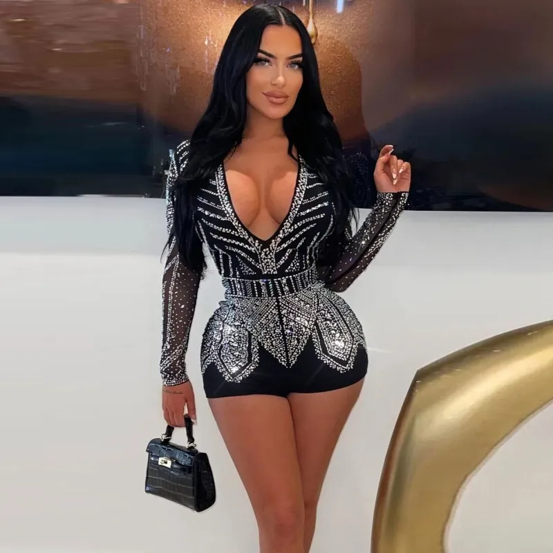 Women Sexy V-Neck Rhinestone Sticker Drill Long Sleeve Rompers